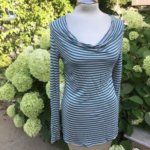 BCBG MAX AZRIA teal gray striped drape neck top S M